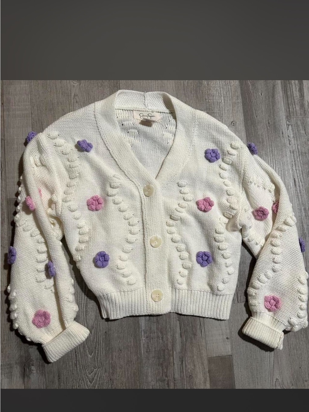 Jessica Simpson Cream Cropped Cardigan with Pink & Lavender Flower Appliqués